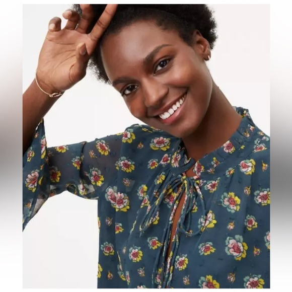 LOFT Tops - LOFT Green Floral Swiss Dot Tie Neck Blouse Bell Sleeve Sheer Top Size XL